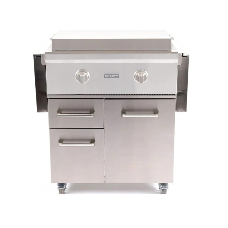 Stainless steel outdoor grill with two burners and storage drawers, designed for durability and efficiency. Ideal for backyard cooking and BBQ enthusiasts.