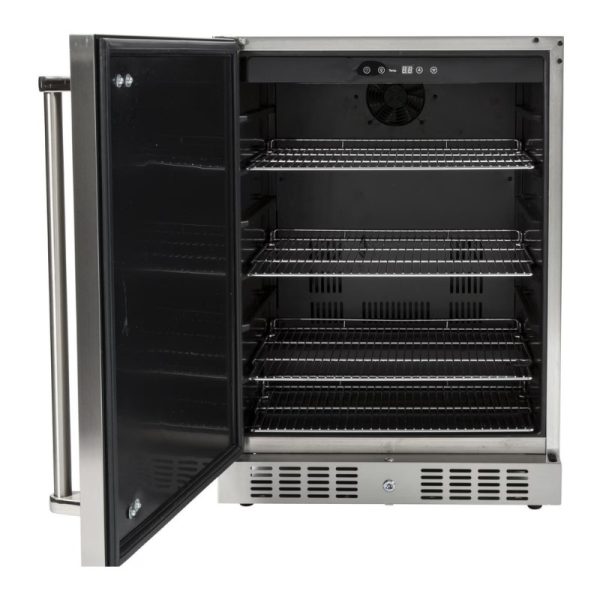 Stainless steel wine cooler with an open door, featuring four adjustable wire shelves and a digital temperature display.