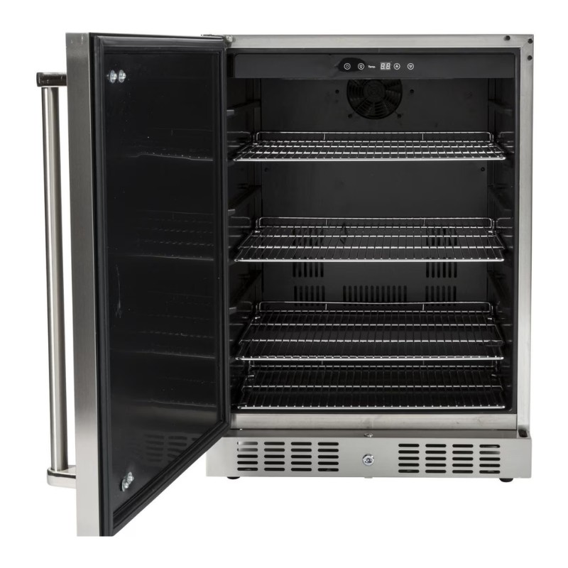 Stainless steel wine cooler with an open door, featuring four adjustable wire shelves and a digital temperature display.