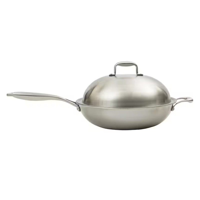 Stainless steel wok with a domed lid and ergonomic handle, ideal for stir-frying and steaming.