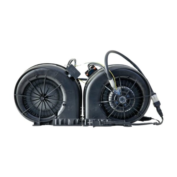 Dual electric fans with black housing and connected wiring, designed for efficient cooling in automotive applications.