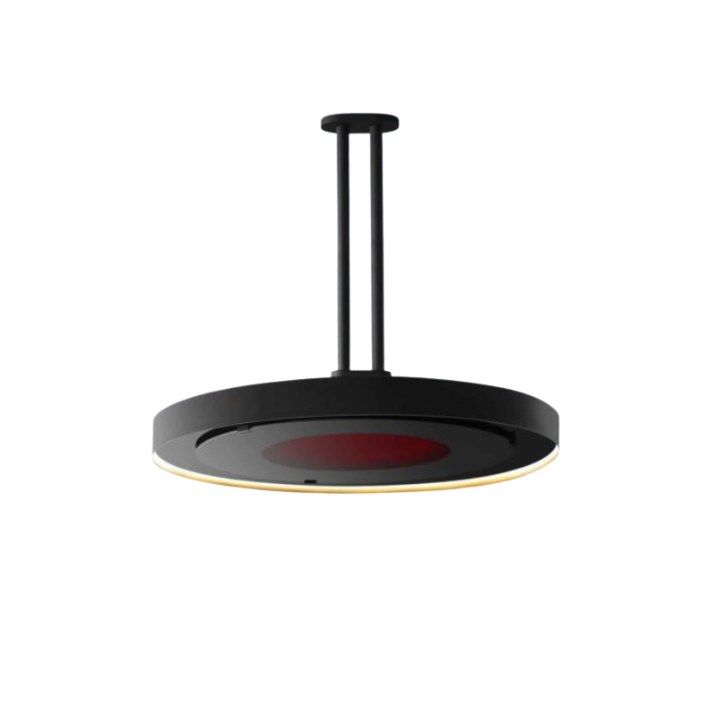 Modern black pendant light with a circular design and warm LED illumination. Ideal for contemporary home decor.