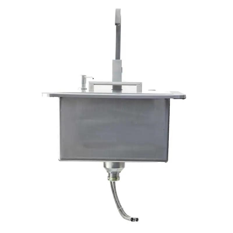 Undermount kitchen sink with modern faucet and pull-down sprayer, featuring a sleek stainless steel design and flexible water supply lines.