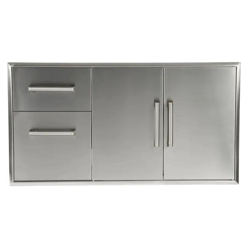 Modern stainless steel sideboard with two drawers and two cabinet doors, ideal for storage and organization in contemporary spaces.