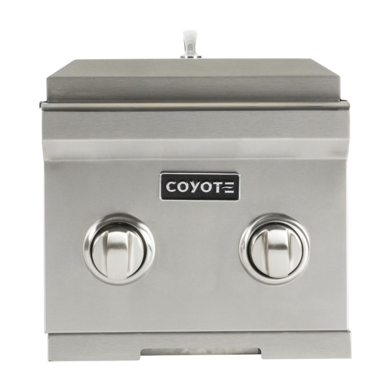 Coyote stainless steel outdoor grill with two knobs for temperature control, designed for durability and performance in outdoor cooking.