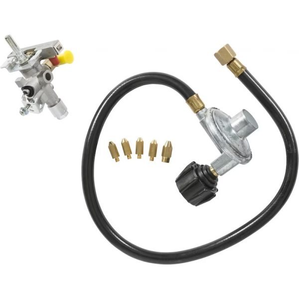 Gas regulator assembly with flexible hose and multiple brass tips for propane applications. Ideal for outdoor cooking and grilling.