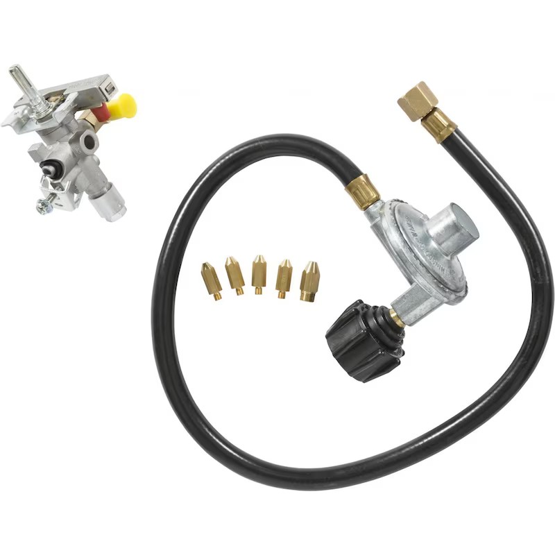 d4a675b4-85f4-4409-9b23-93c2b048b78c.jpg Gas regulator assembly with flexible hose and multiple brass tips for propane applications. Ideal for outdoor cooking and grilling.