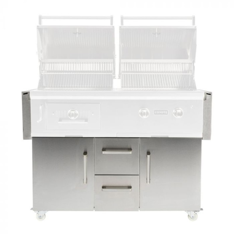 Coyote outdoor grill with dual lids, stainless steel construction, and storage drawers for efficient grilling and organization.