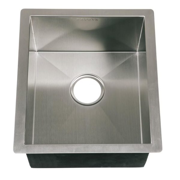 Stainless steel Coyote sink with a square design and centered drain hole, ideal for outdoor kitchens.