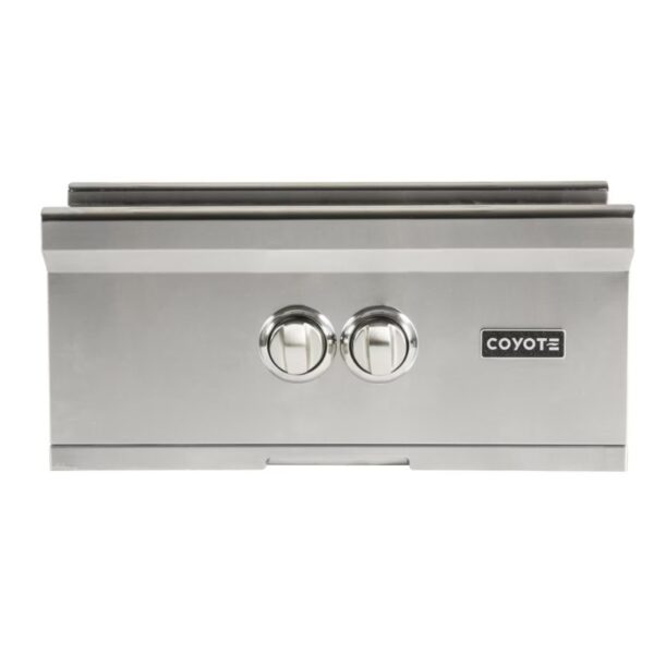 Coyote stainless steel built-in grill with two control knobs for outdoor cooking.