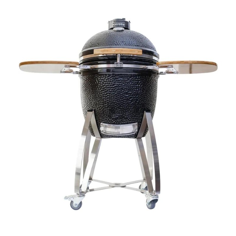 d92d8ed2-7781-4f40-ba43-0bb80e6c2788.jpg Coyote ceramic kamado grill with stainless steel cart and bamboo side shelves, ideal for outdoor cooking and grilling.