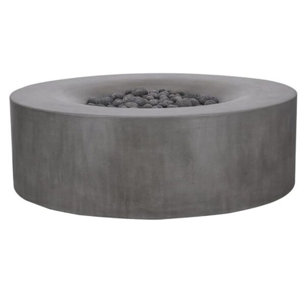 Modern round concrete fire pit with smooth finish and lava rocks in the center, ideal for outdoor gatherings and ambiance.