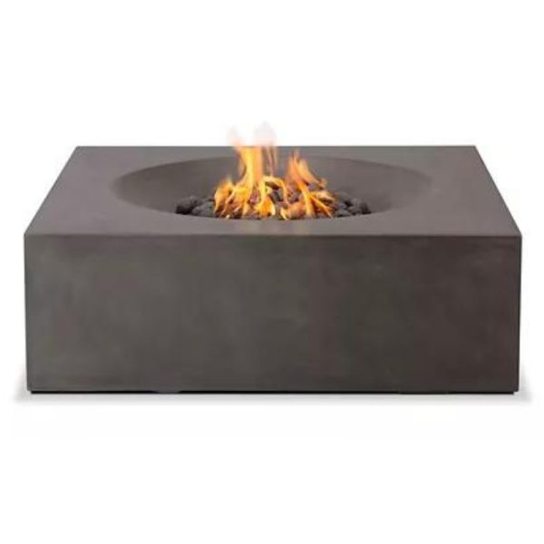 Modern rectangular concrete fire pit with flames and decorative stones, perfect for outdoor gatherings and enhancing patio ambiance.