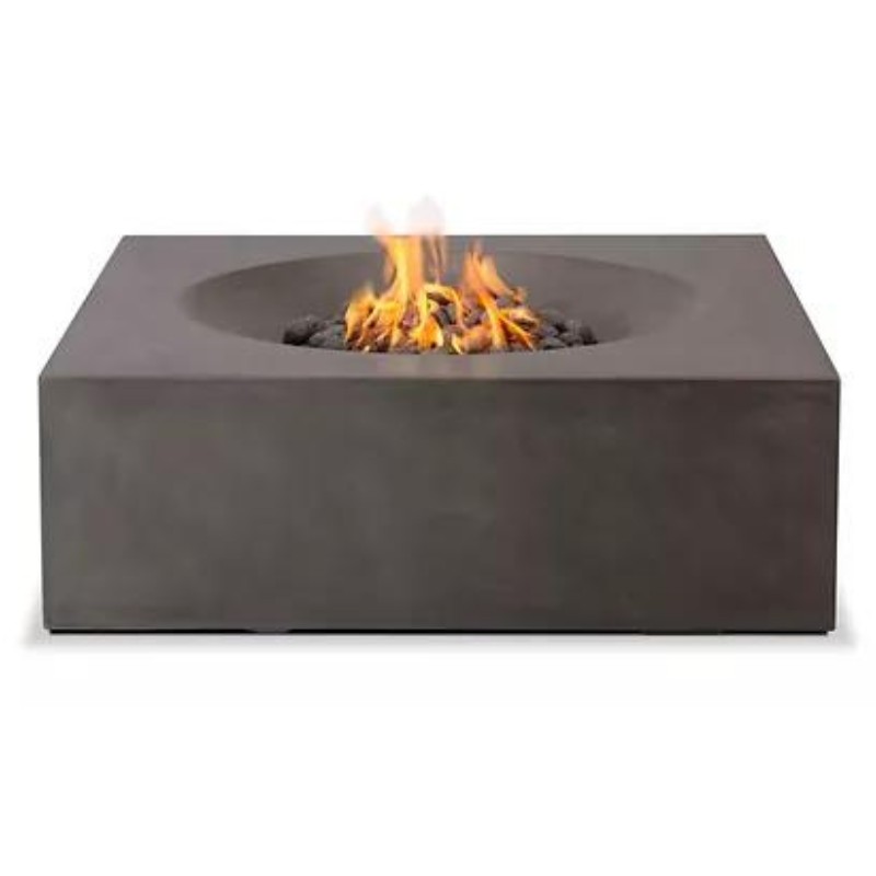 Modern rectangular concrete fire pit with flames and decorative stones, perfect for outdoor gatherings and enhancing patio ambiance.