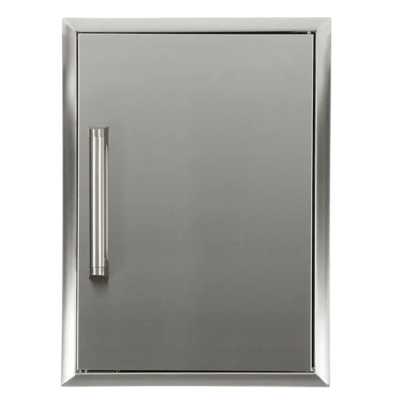 Stainless steel outdoor kitchen refrigerator with sleek design and modern handle. Ideal for outdoor entertaining and food storage.