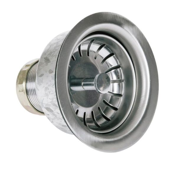 Stainless steel sink drain assembly with a threaded connection and a removable strainer for easy cleaning. Ideal for kitchen and bathroom sinks.