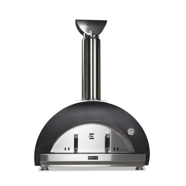 Coyote outdoor pizza oven with stainless steel chimney and black dome design, ideal for backyard cooking.