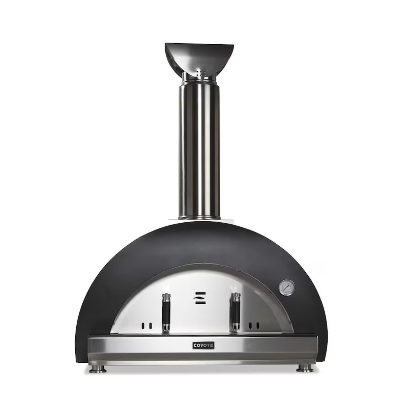 Coyote outdoor pizza oven with stainless steel chimney and black dome design, ideal for backyard cooking.