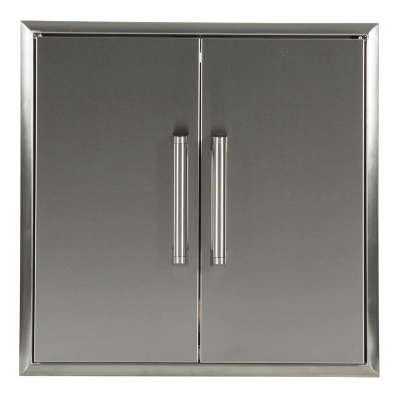 Stainless steel outdoor kitchen cabinet with double doors and sleek handles, designed for durability and style.