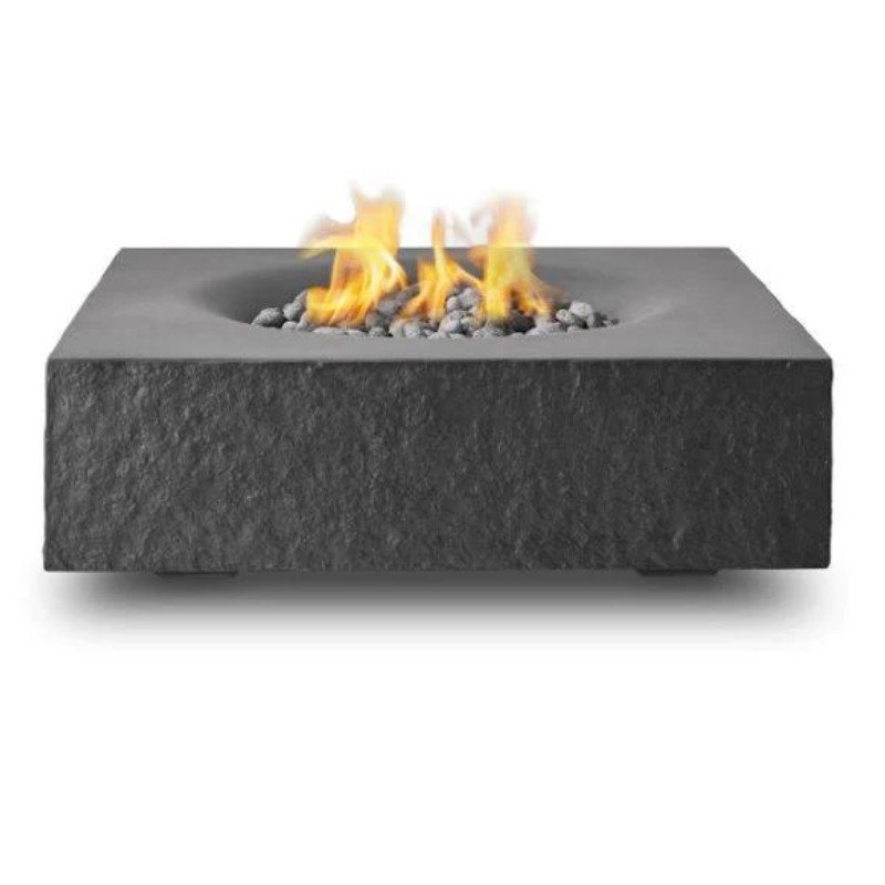 Modern rectangular outdoor fire pit with flames and decorative stones, designed for outdoor gatherings and ambiance.