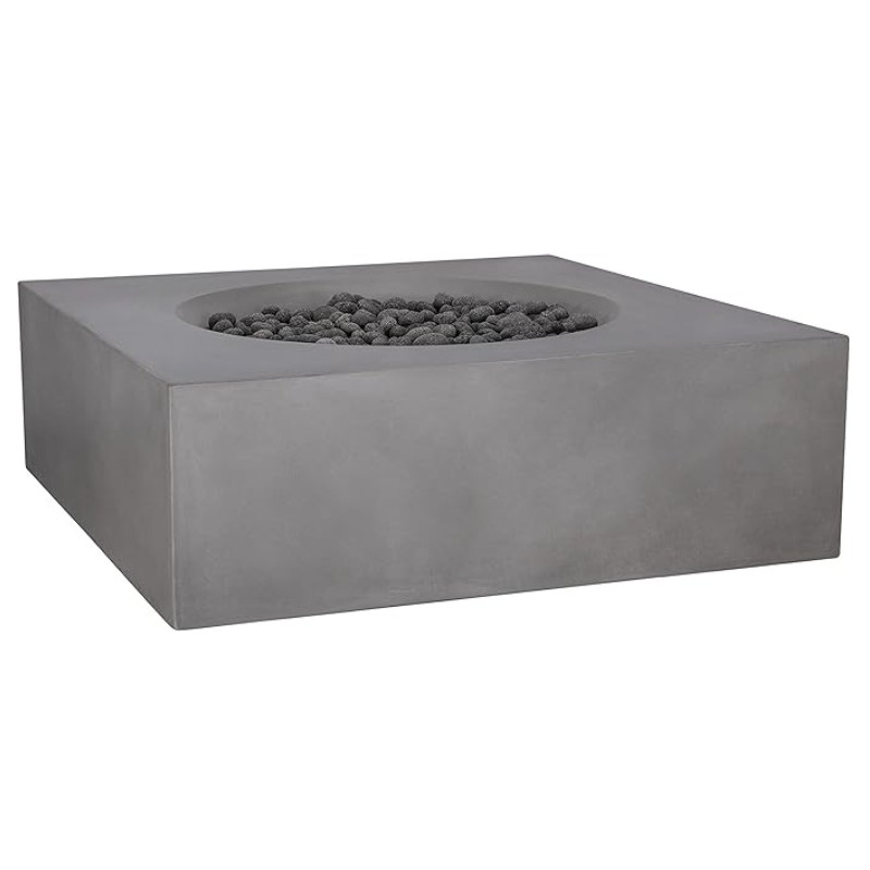 Modern concrete fire pit with a square design and lava rocks in the center, ideal for outdoor gatherings and heating.