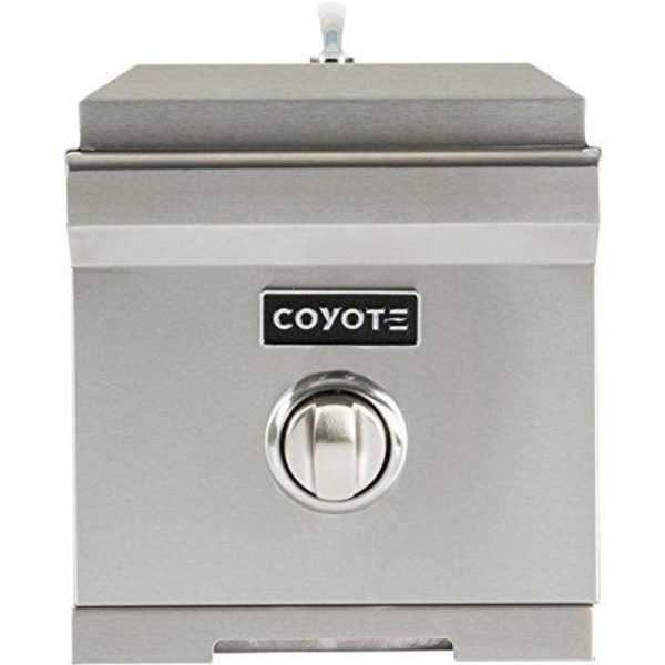 Coyote stainless steel outdoor refrigerator with a sleek design and adjustable temperature control knob, ideal for outdoor kitchens and grilling environments.