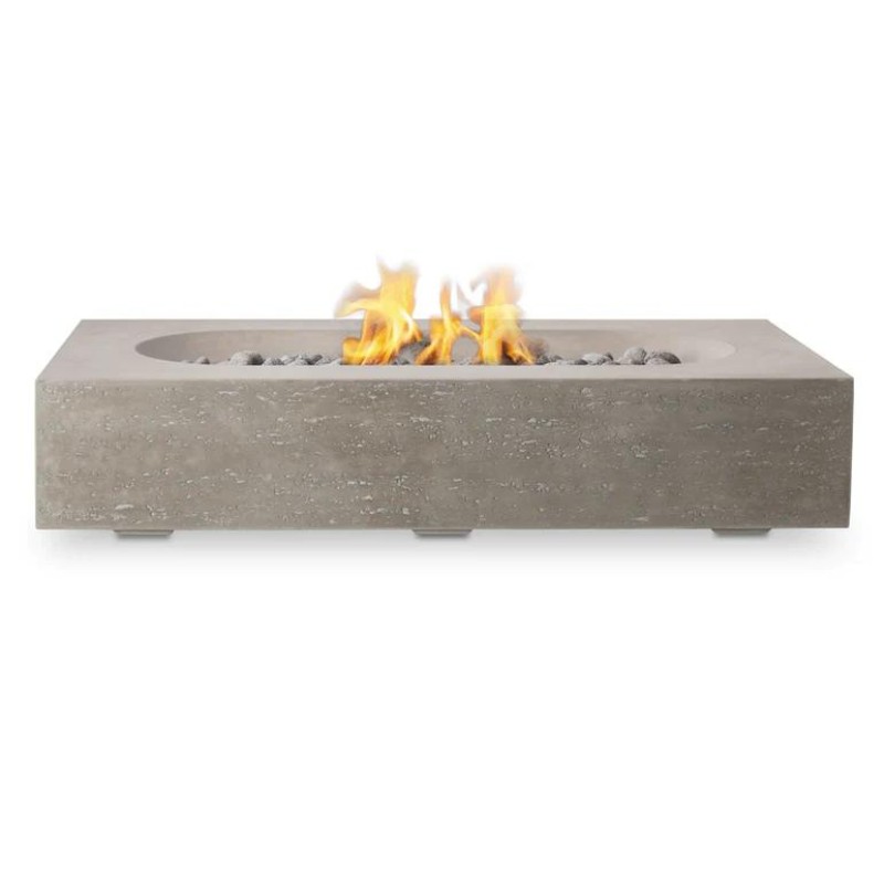 Modern concrete outdoor fire pit with flames and decorative rocks, ideal for enhancing patio ambiance.