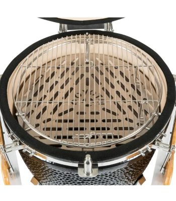 Top view of a high-quality charcoal grill featuring a stainless steel cooking grate and a ceramic body, designed for optimal heat retention and grilling performance.
