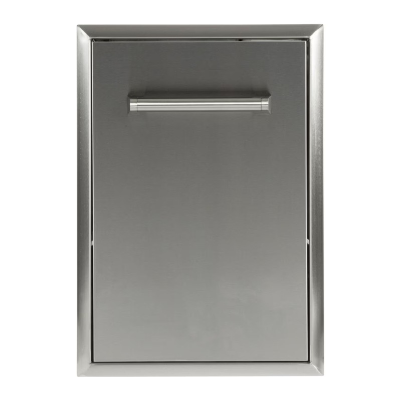 Stainless steel outdoor kitchen trash drawer with sleek handle for easy access. Ideal for seamless integration in modern outdoor spaces.