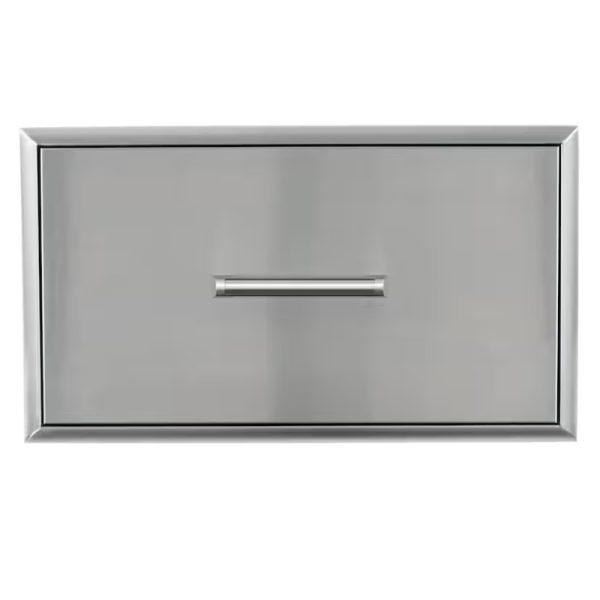 Modern stainless steel drawer front with a sleek handle, ideal for contemporary kitchen or office storage solutions.