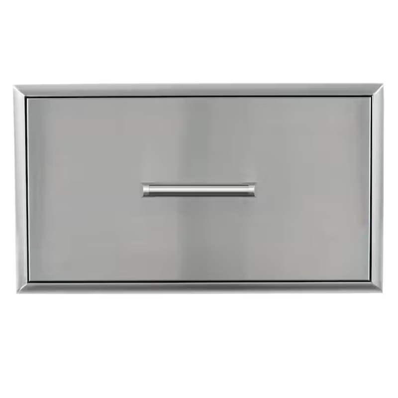 Modern stainless steel drawer front with a sleek handle, ideal for contemporary kitchen or office storage solutions.