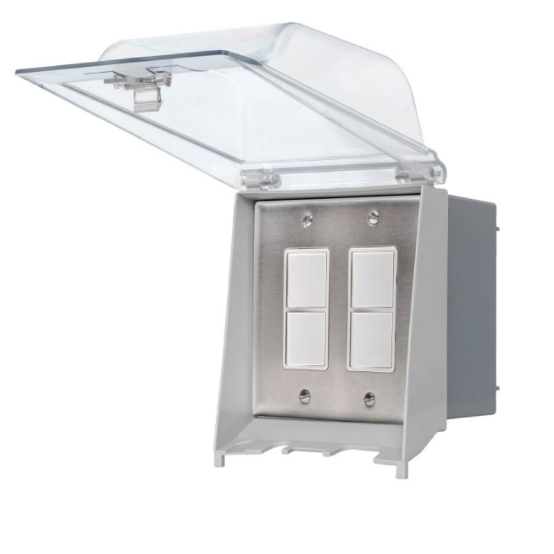 Weatherproof electrical switch enclosure with transparent cover and four white switches, designed for outdoor use.