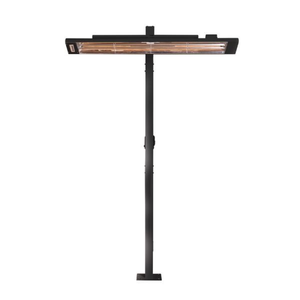 Outdoor infrared patio heater on a tall black pole, providing efficient heating for outdoor spaces. Ideal for extending outdoor enjoyment in cooler weather.
