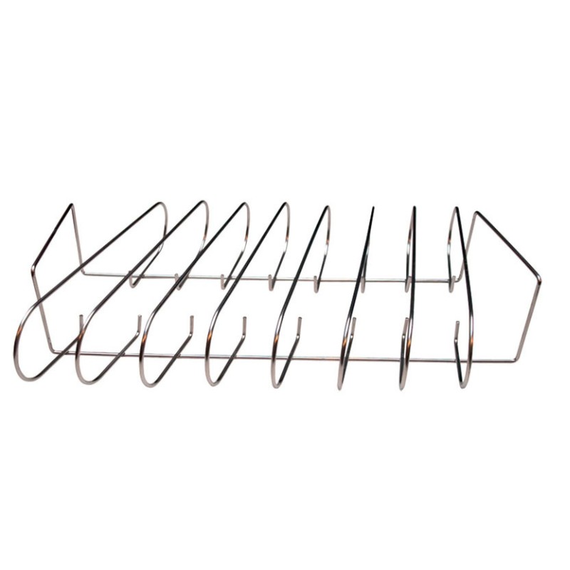 Stainless steel wire rack for organizing and storing items, featuring multiple slots for efficient space utilization. Ideal for kitchen or office use.