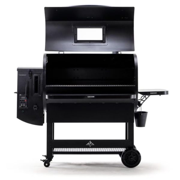 Black pellet grill with an open lid, featuring a digital control panel, side table, and storage bucket, ideal for outdoor cooking and smoking.