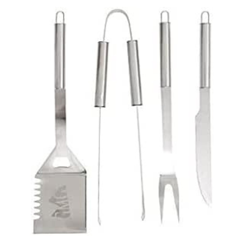Set of stainless steel barbecue tools including a spatula, tongs, fork, and knife, ideal for grilling enthusiasts.