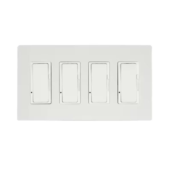 Four-gang light switch plate in white with individual toggle switches. Ideal for home or office lighting control.