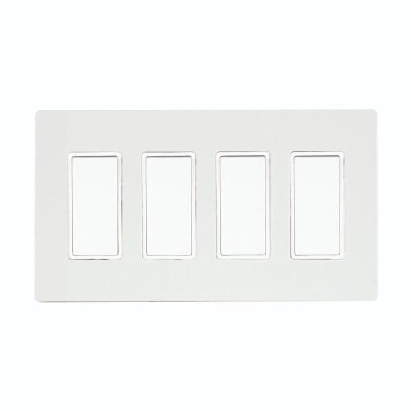 Four-gang light switch plate in a sleek white design, suitable for modern home decor.