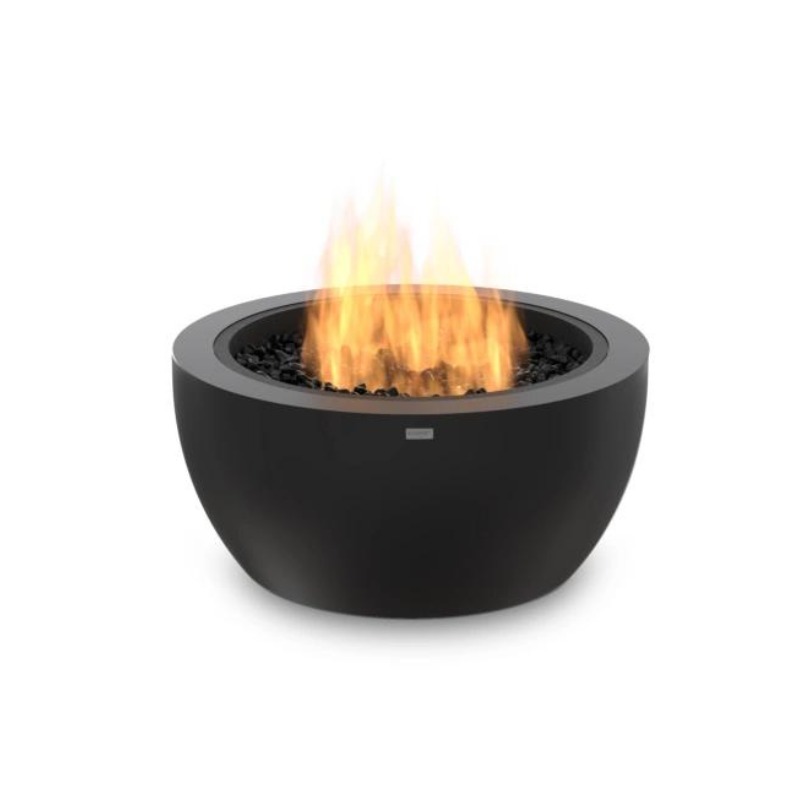Modern black fire pit with flames and decorative black stones, ideal for outdoor gatherings and ambiance.