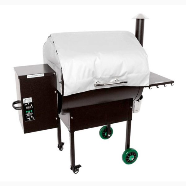 Wood pellet grill with cover, digital control panel, and green wheels for easy mobility. Ideal for outdoor cooking and barbecuing.