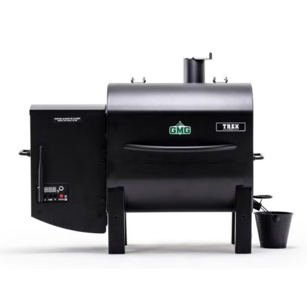 GMG Trek pellet grill featuring a digital control panel, sleek black design, and side hopper for easy pellet loading. Ideal for outdoor cooking and smoking.