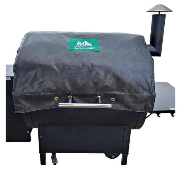 Black grill cover for outdoor pellet grill with logo, providing protection from weather elements.