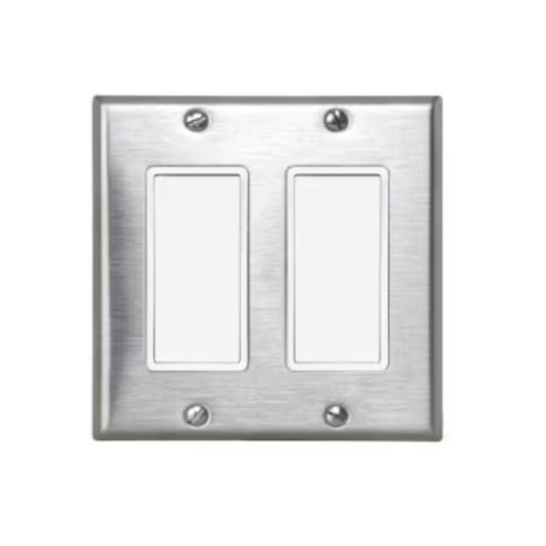 Brushed metal double light switch plate with two blank switch openings.