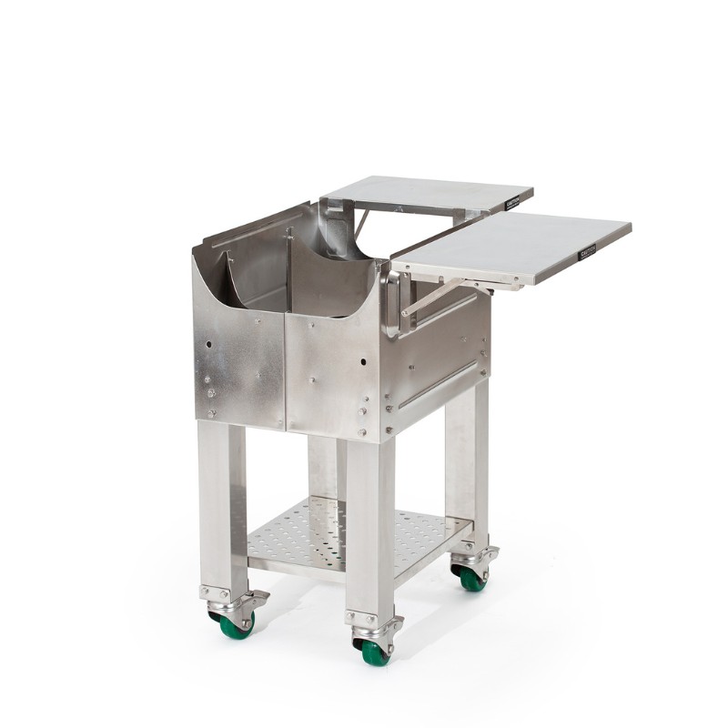 Stainless steel mobile kitchen cart with two side tables and storage compartments, designed for durability and convenience in food preparation.