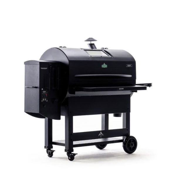 Black pellet grill on a wheeled cart with digital controls and a side shelf, ideal for outdoor cooking and smoking.