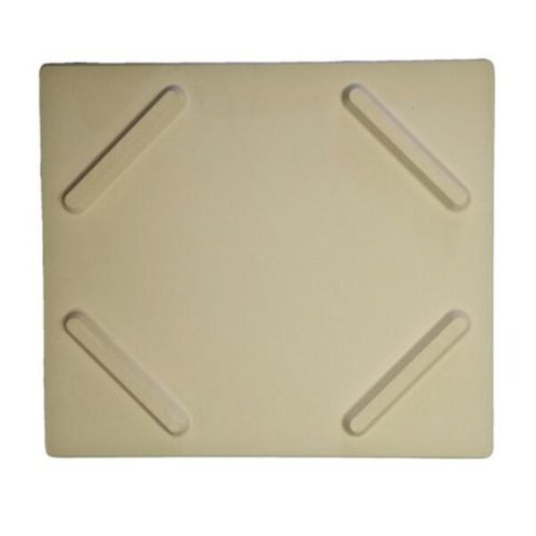 Square plastic base with corner grooves, ideal for stabilizing and supporting various structures or displays.
