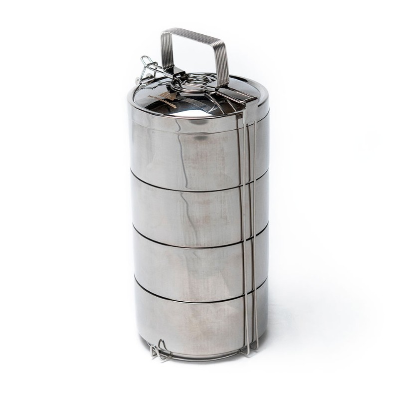 Stainless steel tiffin lunchbox with four stacked containers and a handle, ideal for meal prep and on-the-go dining.