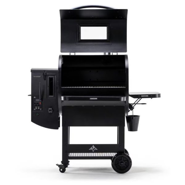 Black pellet grill with digital control panel, open lid, and side shelf for cooking and smoking.