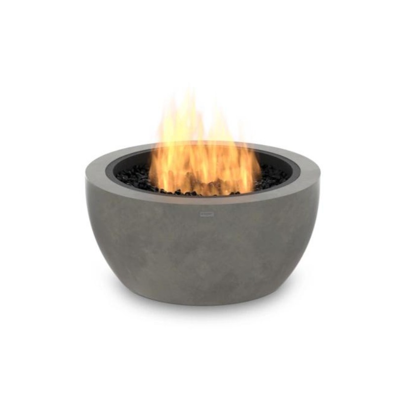Modern concrete fire pit with flames and black decorative stones, ideal for outdoor gatherings and ambiance.
