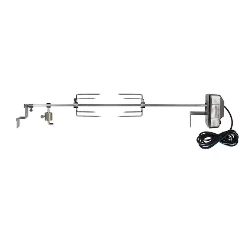 Electric rotisserie kit with stainless steel spit rod and clamps for grilling. Ideal for cooking whole poultry or large cuts of meat evenly.
